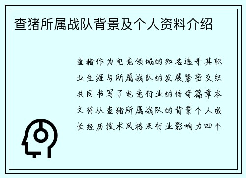 查猪所属战队背景及个人资料介绍